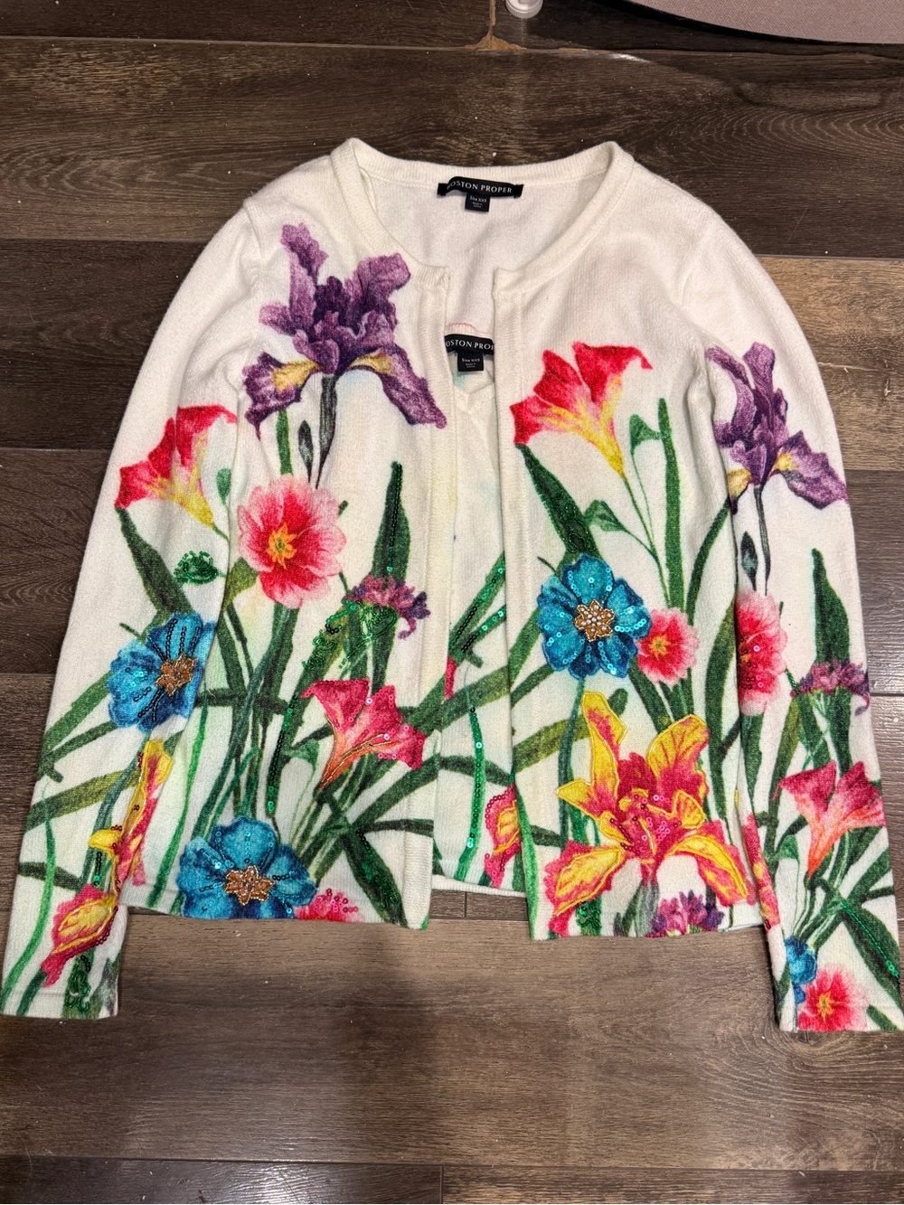 Boston Proper White Floral Jeweled Knit Cardigan and Tank Set